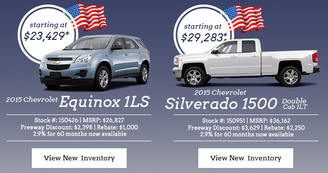 2015 Chevrolet Equinox 1LS starting at $23,429* and 2015 Chevrolet Silverado 1500 Double Cab 1LT starting at $29,283*