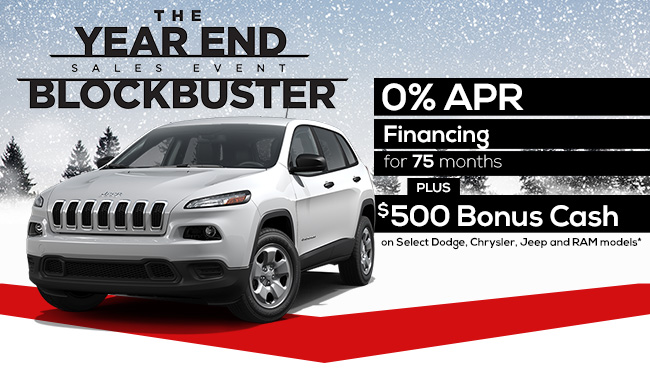 0% APR Financing for 75 months PLUS Bonus Cash On Select Dodge, Chrysler, Jeep and RAM models*