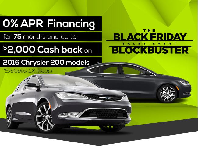 0% APR Financing for 75 months and up to $2,000 cash back on 2016 Chrysler 200 models* *Excludes LX model