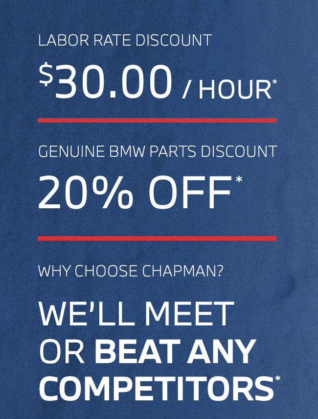 $30 per hour labor | 20% OFF BMW parts | Price Match