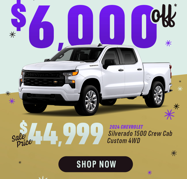 2024 Chevy Silverado 1500 Crew Cab Custom 4WD $6,000 Off* Sale price $44,999